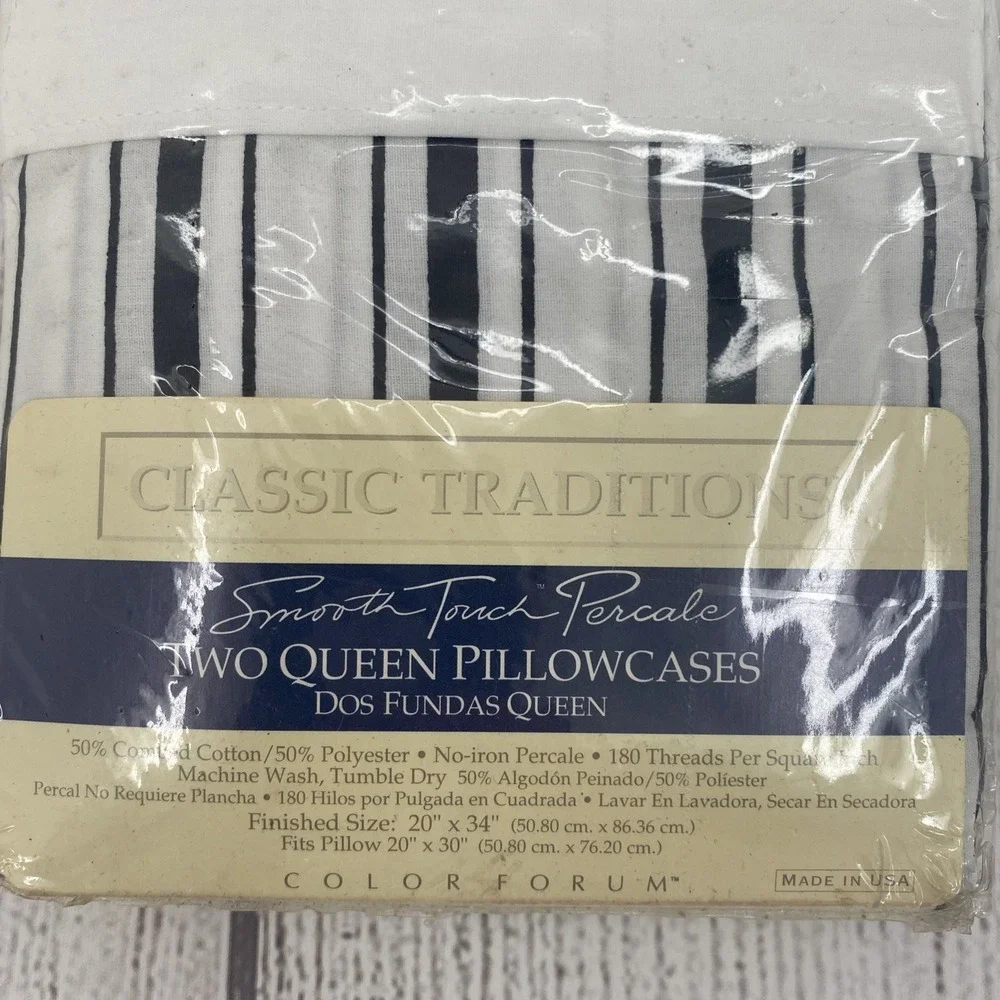 Classic Traditions Pillowcase Set QUEEN Black White Stripe Smooth Touch Percale